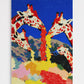 Colorful abstract painting of giraffes on a blue background
