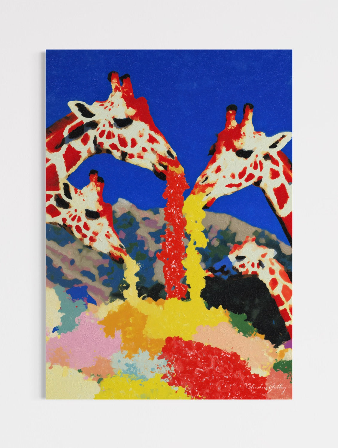 Colorful abstract painting of giraffes on a blue background
