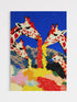 Colorful abstract painting of giraffes on a blue background
