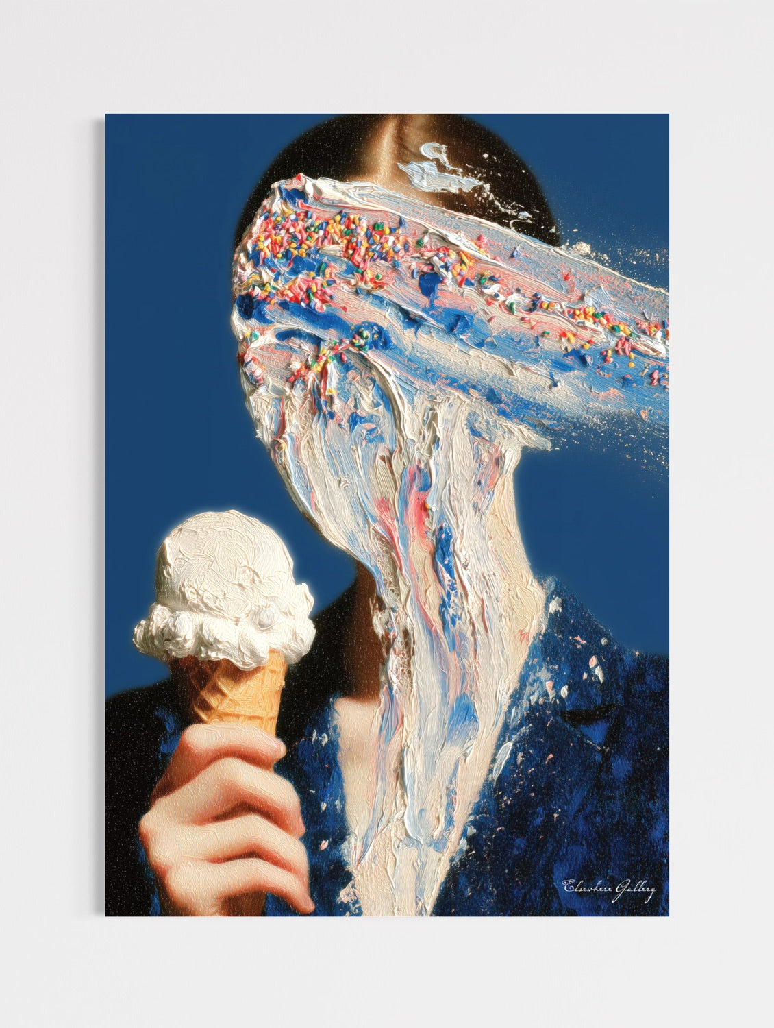 Person eating an ice cream cone with colorful sprinkles against a blue background