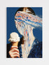 Person eating an ice cream cone with colorful sprinkles against a blue background