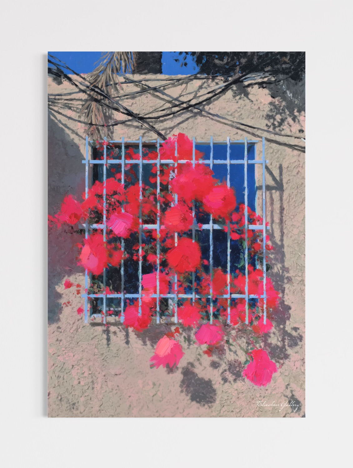 Artistic depiction of red flowers behind a wire fence with a blue sky.