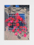 Artistic depiction of red flowers behind a wire fence with a blue sky.