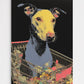 Colorful artwork of a dog in a shopping cart on a black background