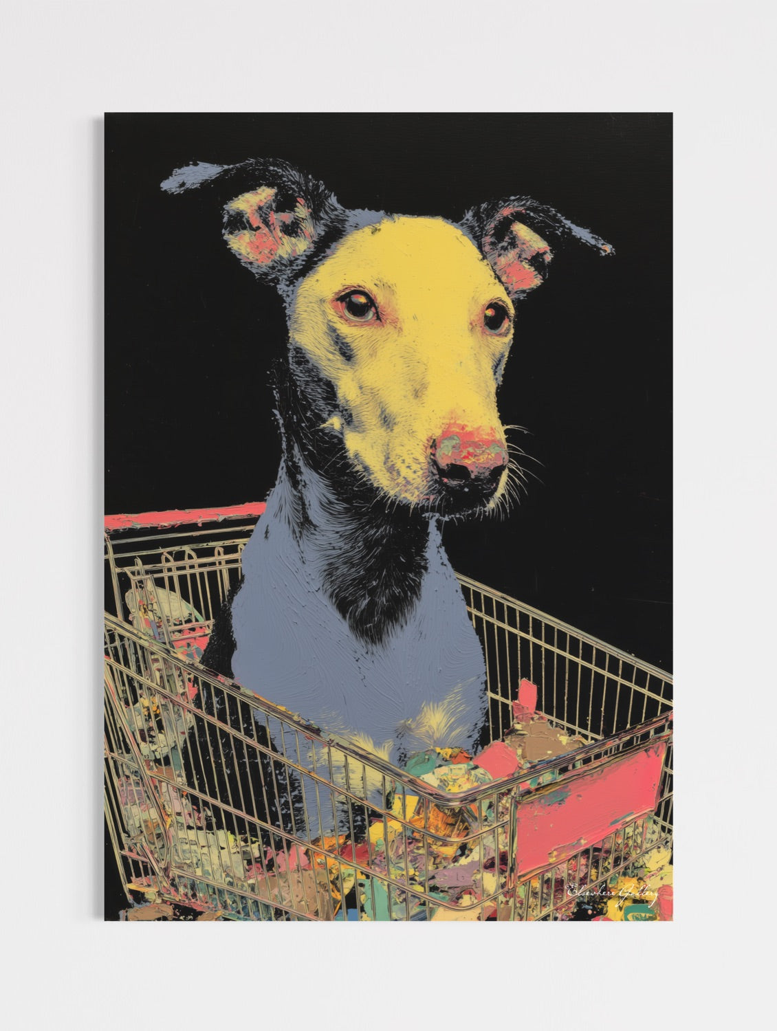 Colorful artwork of a dog in a shopping cart on a black background