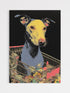 Colorful artwork of a dog in a shopping cart on a black background