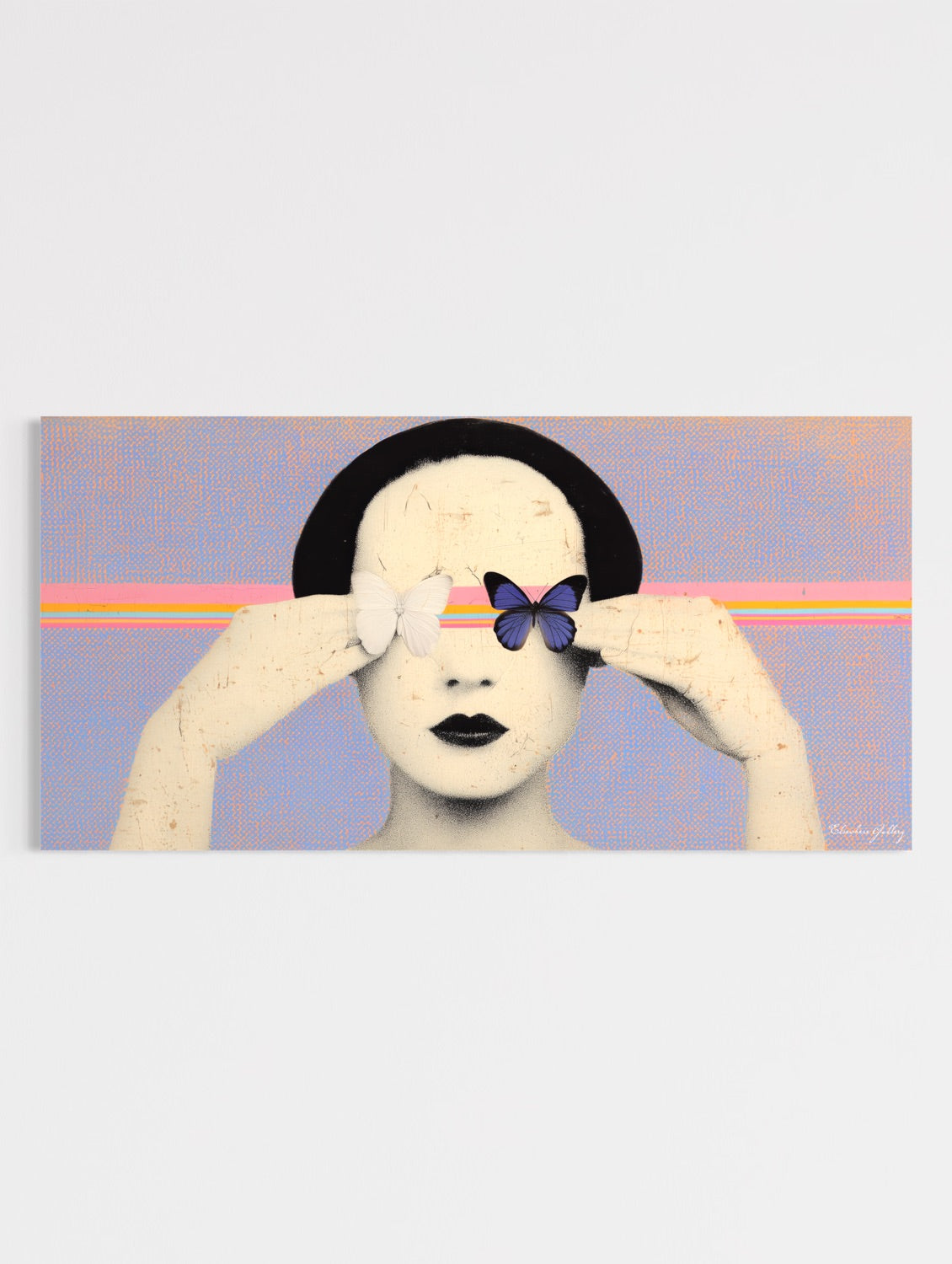 Artistic depiction of a person with a butterfly on their face against a colorful background