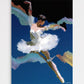Artistic depiction of a ballerina in a white tutu against a dark blue background