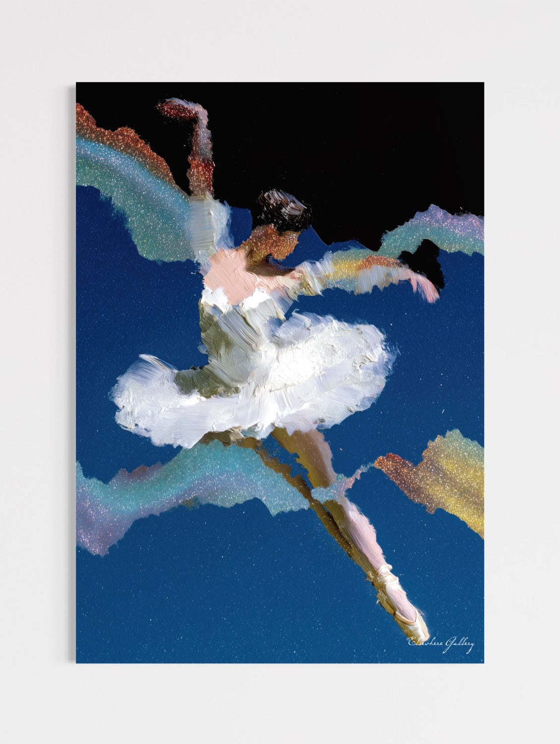 Artistic depiction of a ballerina in a white tutu against a dark blue background