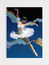 Artistic depiction of a ballerina in a white tutu against a dark blue background