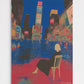 Artistic depiction of a person sitting on a chair by a waterfront with a city skyline in the background.