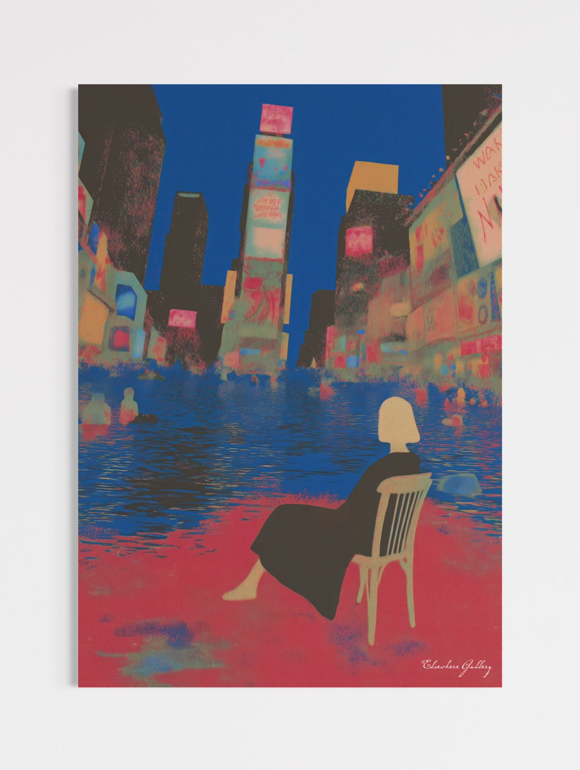 Artistic depiction of a person sitting on a chair by a waterfront with a city skyline in the background.