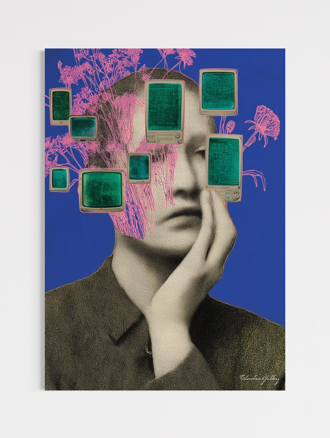 Artistic portrait with digital elements on a blue background