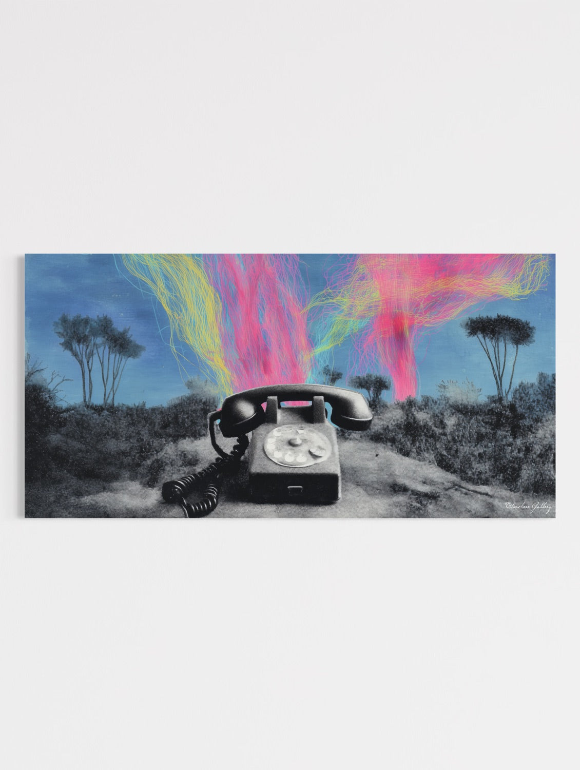Vintage phone on a road with colorful abstract sky