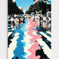 Colorful abstract painting of a city street scene with people and cars.