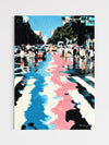 Colorful abstract painting of a city street scene with people and cars.
