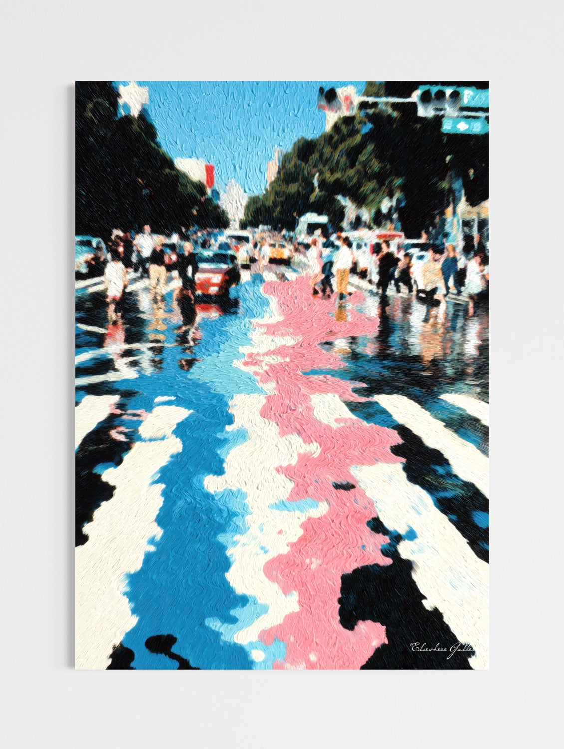 Colorful abstract painting of a city street scene with people and cars.