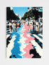 Colorful abstract painting of a city street scene with people and cars.