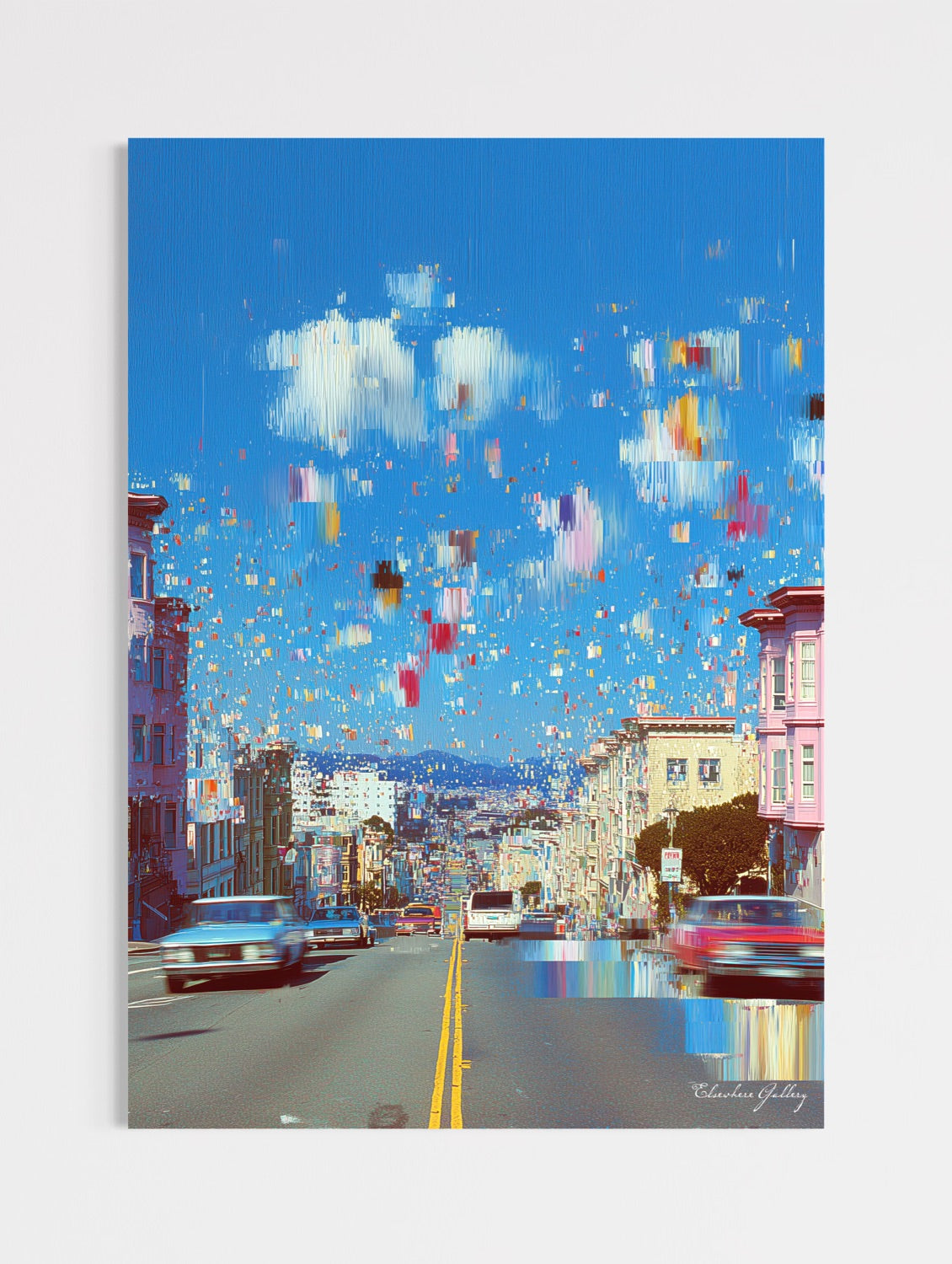 City street scene with colorful balloons and buildings under a blue sky.
