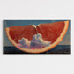 Sliced grapefruit with clouds inside on a blue background