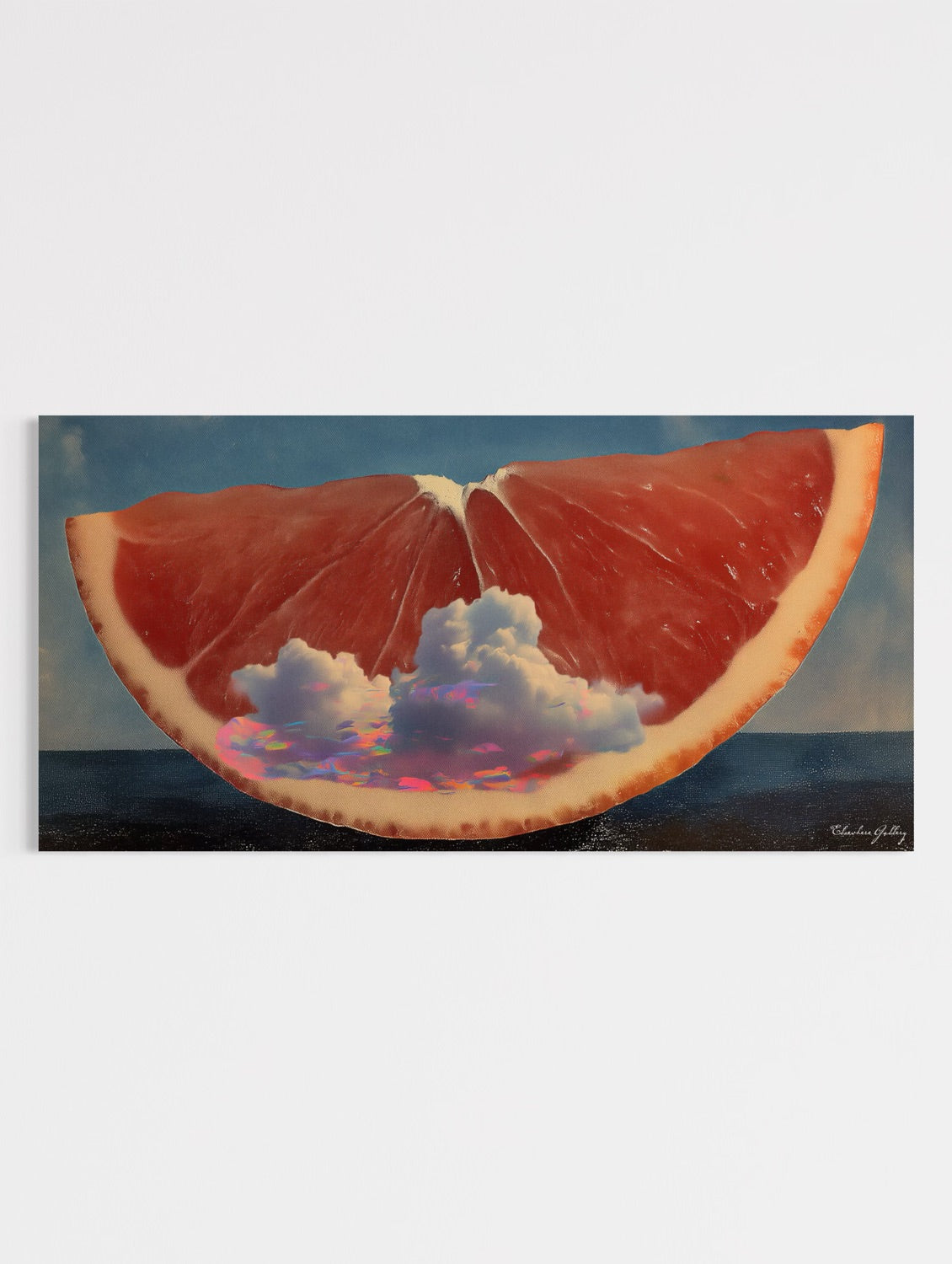 Sliced grapefruit with clouds inside on a blue background