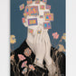 Artistic depiction of a person with colorful square images on their face, surrounded by flowers.