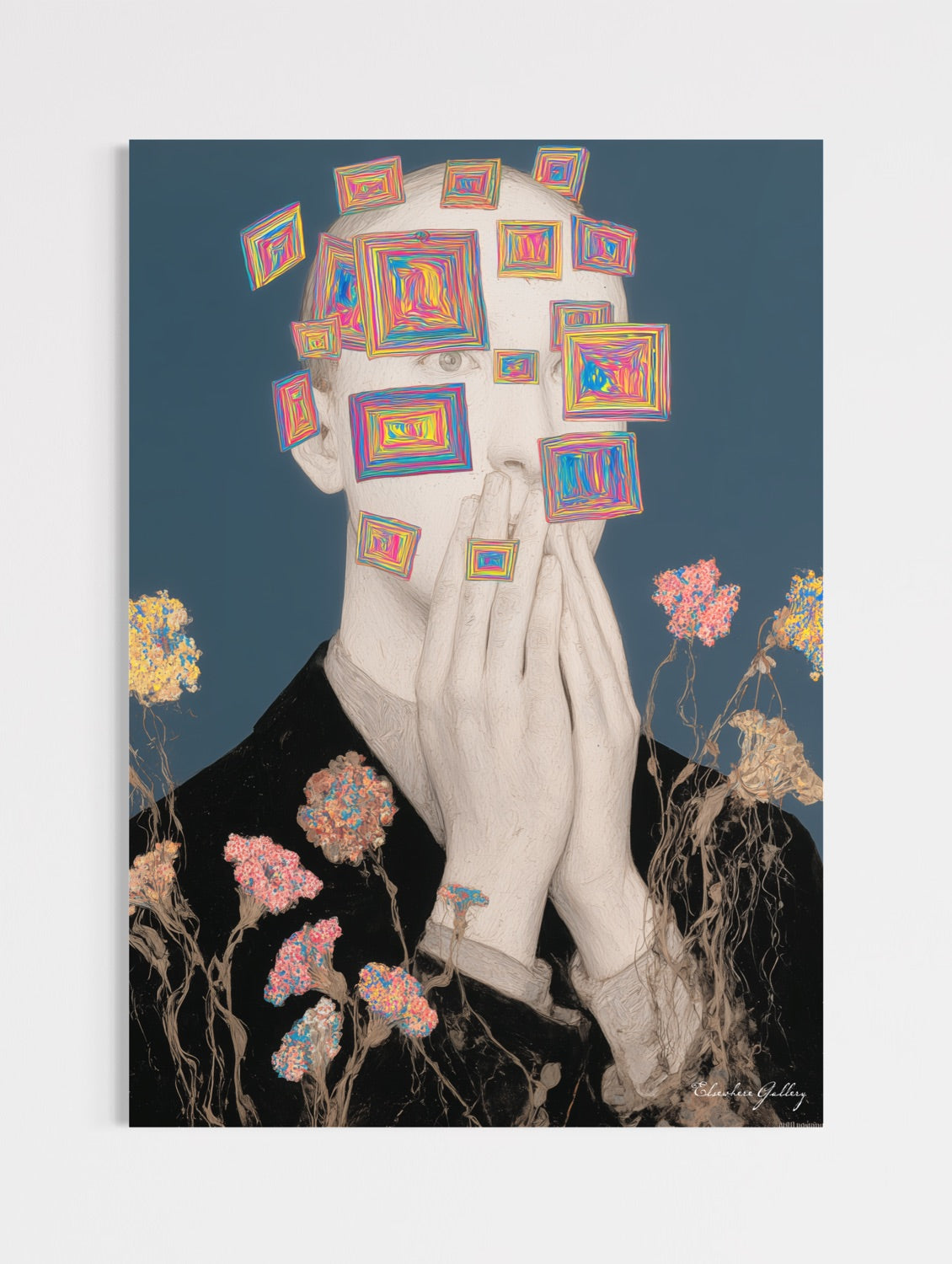 Artistic depiction of a person with colorful square images on their face, surrounded by flowers.