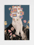 Artistic depiction of a person with colorful square images on their face, surrounded by flowers.
