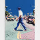 Abstract street scene with a person in a blue outfit and taxis.