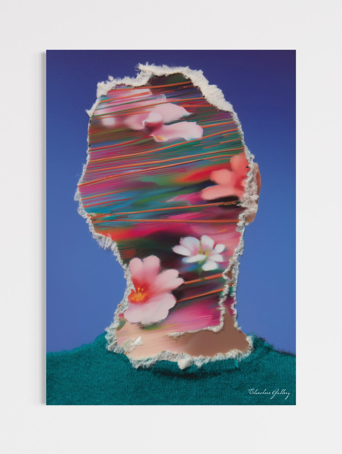 Abstract art piece with colorful floral patterns on a blue background