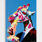 Colorful abstract giraffe painting against a blue background