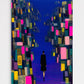 Abstract artwork of a person standing in a colorful, geometric landscape.