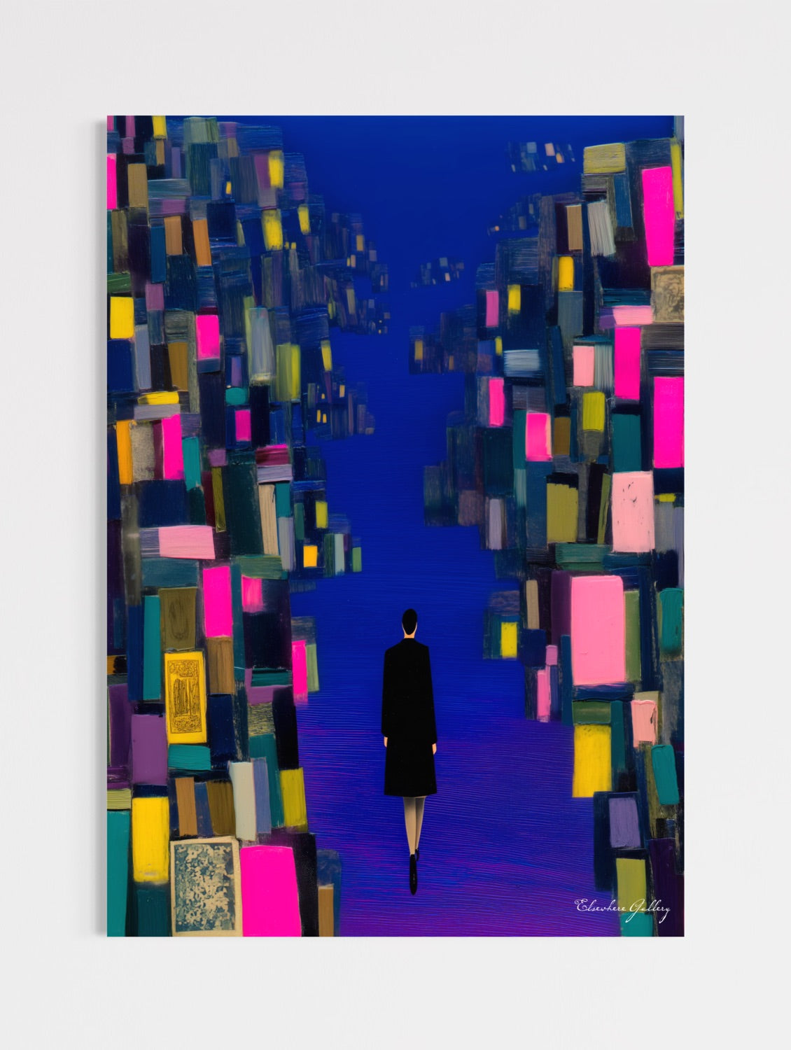 Abstract artwork of a person standing in a colorful, geometric landscape.