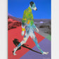 Colorful abstract dog painting on a geometric background