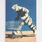 Stylized illustration of a tiger pushing a shopping cart against a blue background