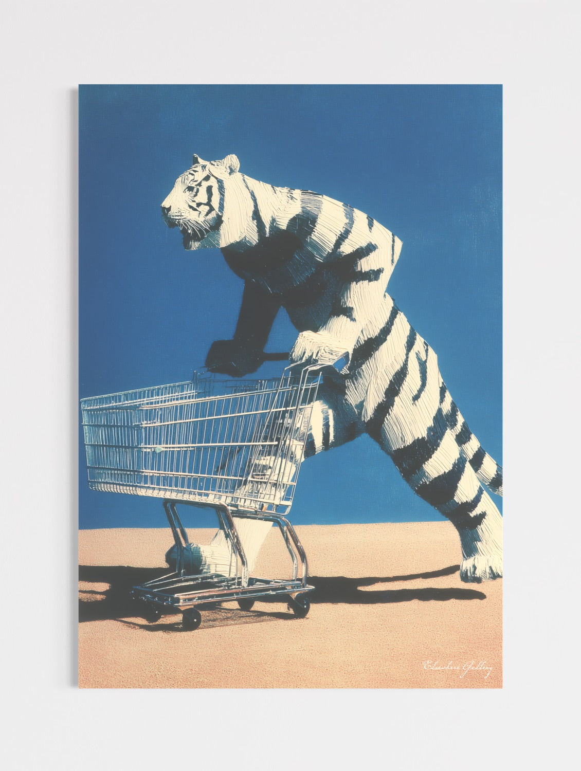 Stylized illustration of a tiger pushing a shopping cart against a blue background