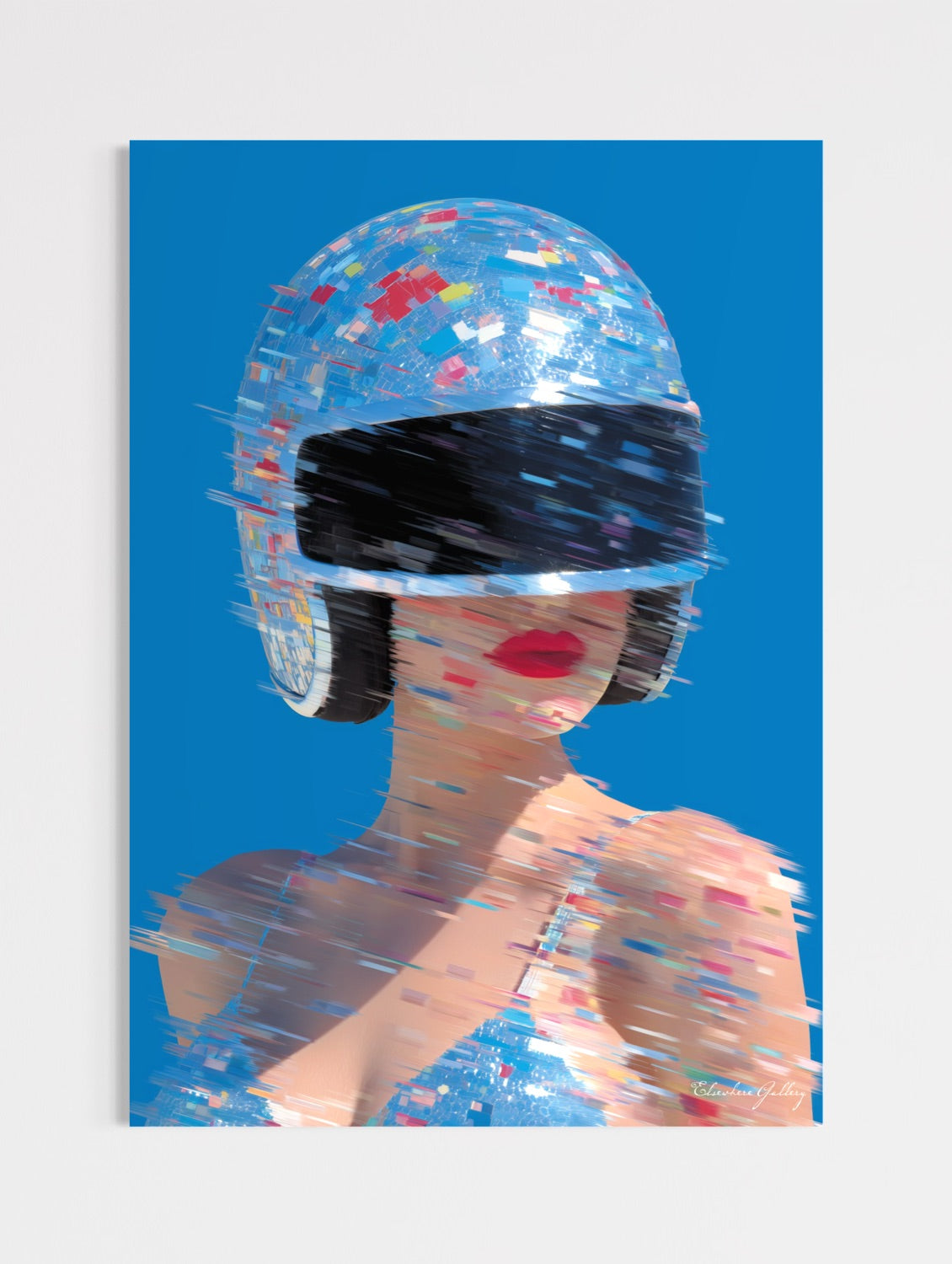 Artistic depiction of a person wearing a colorful helmet against a blue background