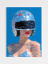 Artistic depiction of a person wearing a colorful helmet against a blue background