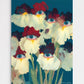 Framed artwork of flowers with eyes on a blue background