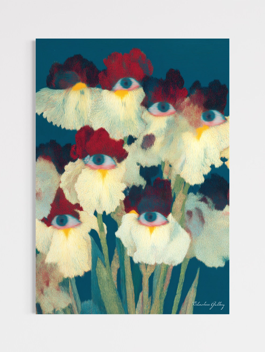 Framed artwork of flowers with eyes on a blue background