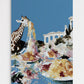 Artistic depiction of a giraffe and classical architecture with a colorful abstract background