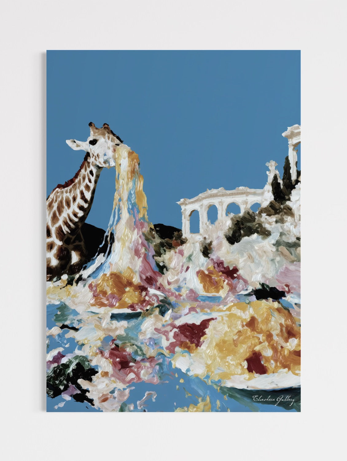 Artistic depiction of a giraffe and classical architecture with a colorful abstract background