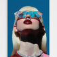 Artistic depiction of a person wearing large sunglasses with a blue background