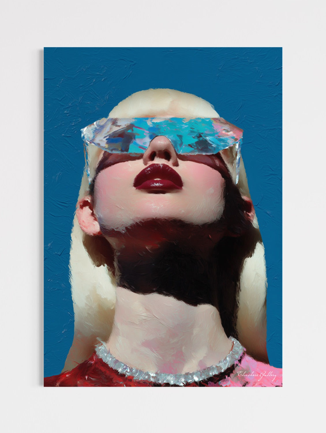 Artistic depiction of a person wearing large sunglasses with a blue background