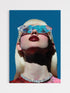 Artistic depiction of a person wearing large sunglasses with a blue background
