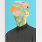 Artistic depiction of a person with colorful flowers replacing their head against a blue background