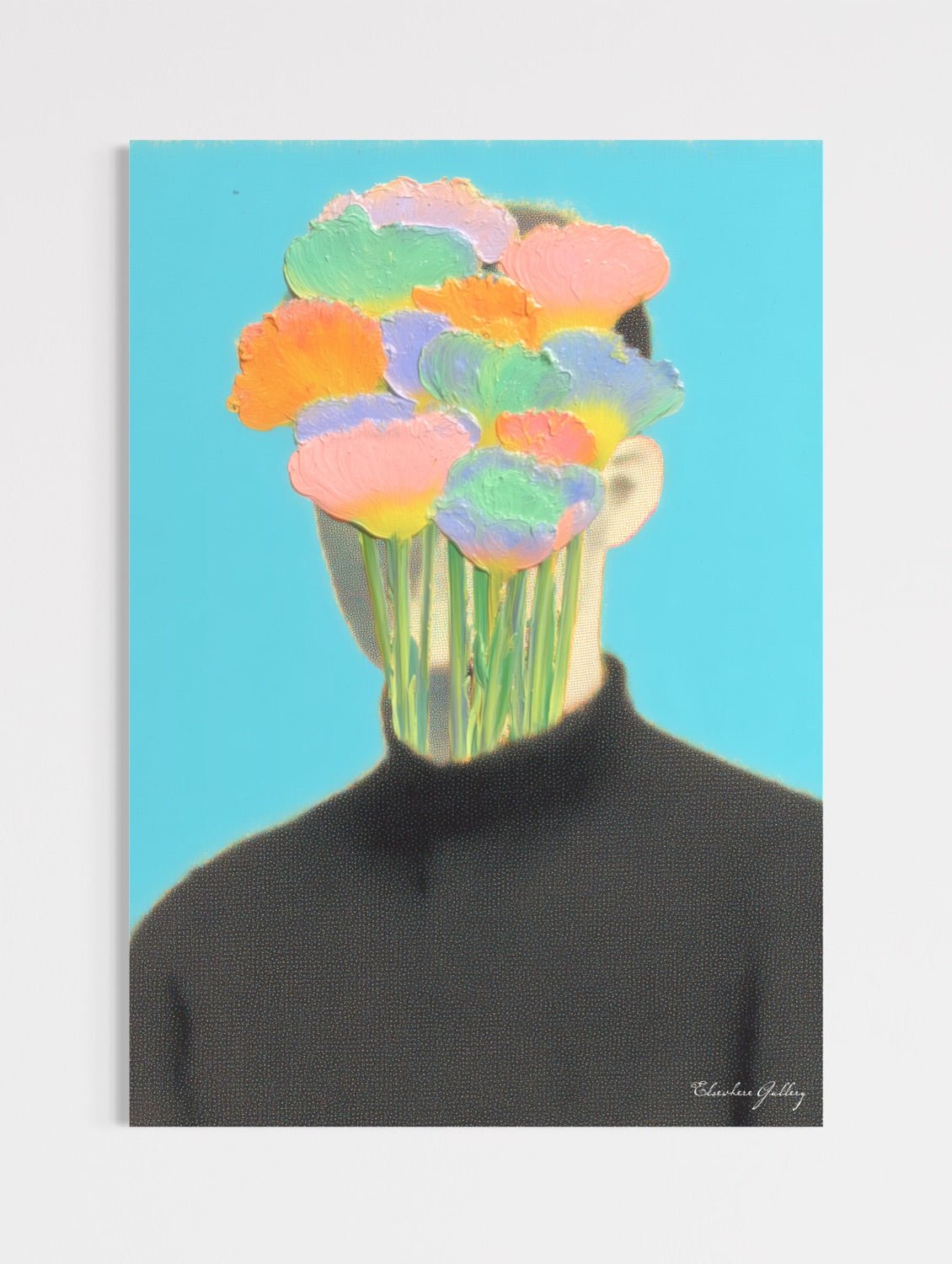 Artistic depiction of a person with colorful flowers replacing their head against a blue background