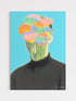 Artistic depiction of a person with colorful flowers replacing their head against a blue background
