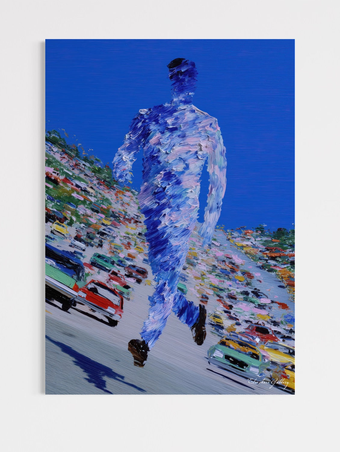 Abstract painting of a figure walking on a street with cars, blue sky