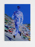 Abstract painting of a figure walking on a street with cars, blue sky